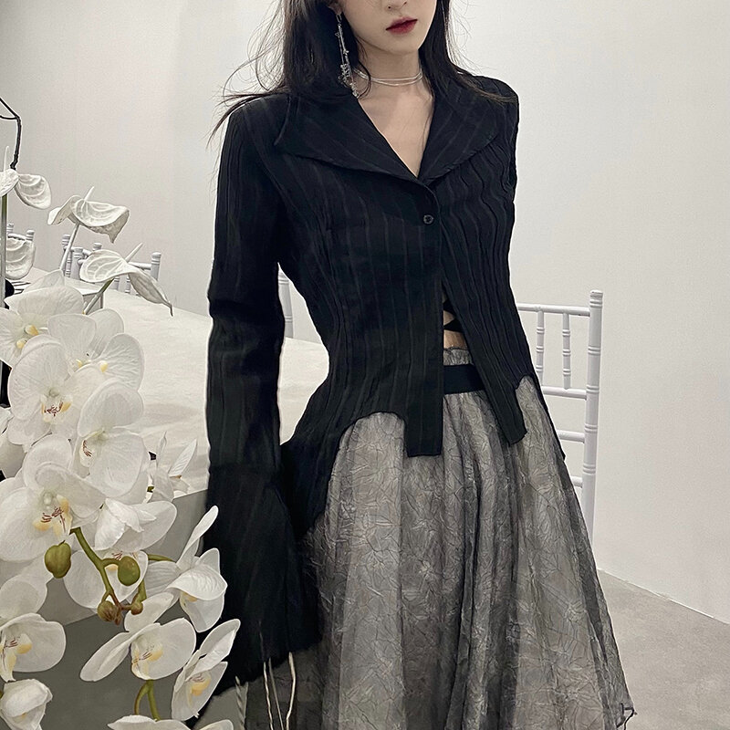 Gótico feminino preto camisas coreano escuro acadêmico feminino projetado irregular topos primavera moda streetwear y2k blusa