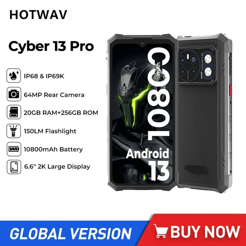 Hostwav-サイバー13プロの頑丈なスマートフォン,4g,オクタコア,20GB 256GB, 6.6インチ,Android 13,64mp,10800mah,20w急速充電,nfc