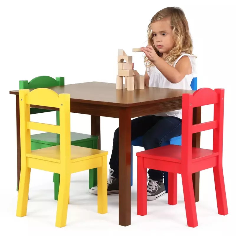 Meja kayu anak SD dan Set 4 kursi, kayu alami/Primer