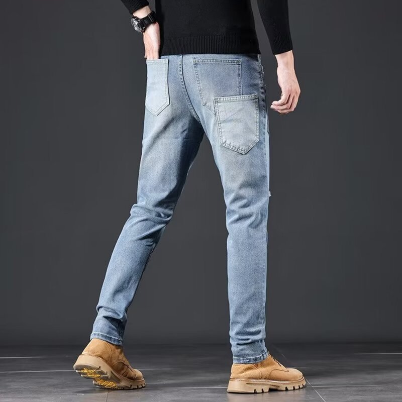 Pantalones vaqueros rasgados para hombre, ropa de mezclilla recta y ajustada, a la moda, 2024