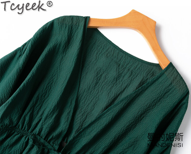 Tcyeek 100% jedwab cienki ubrania z filtrem przeciwsłonecznym Top damski sznurowany letni krótki płaszcz dla kobiet solidny kolor koszule