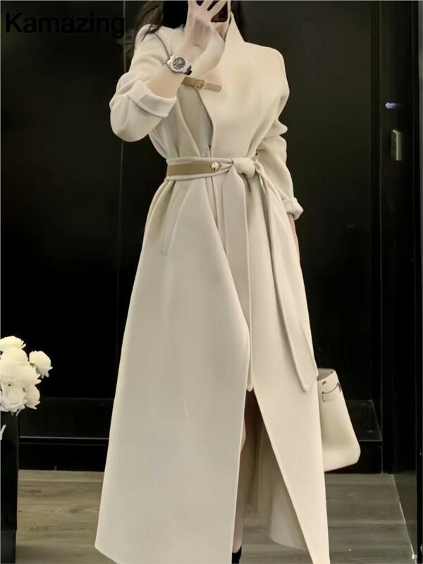 Женское элегантное длинное шерстяное пальто с поясом на осень и зиму, модное однотонное пальто с длинным рукавом, шикарная верхняя одежда, Дамское повседневное пальто высокого качества