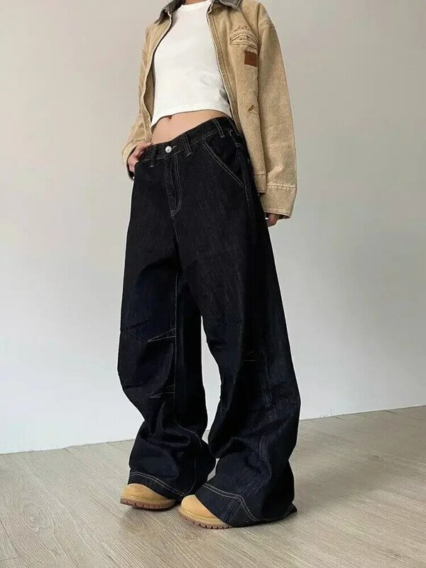 Джинсы HOUZHOU Grunge Y2k женские черные, винтажные брюки-карго большого размера из денима, широкие повседневные мешковатые прямые джинсовые штаны