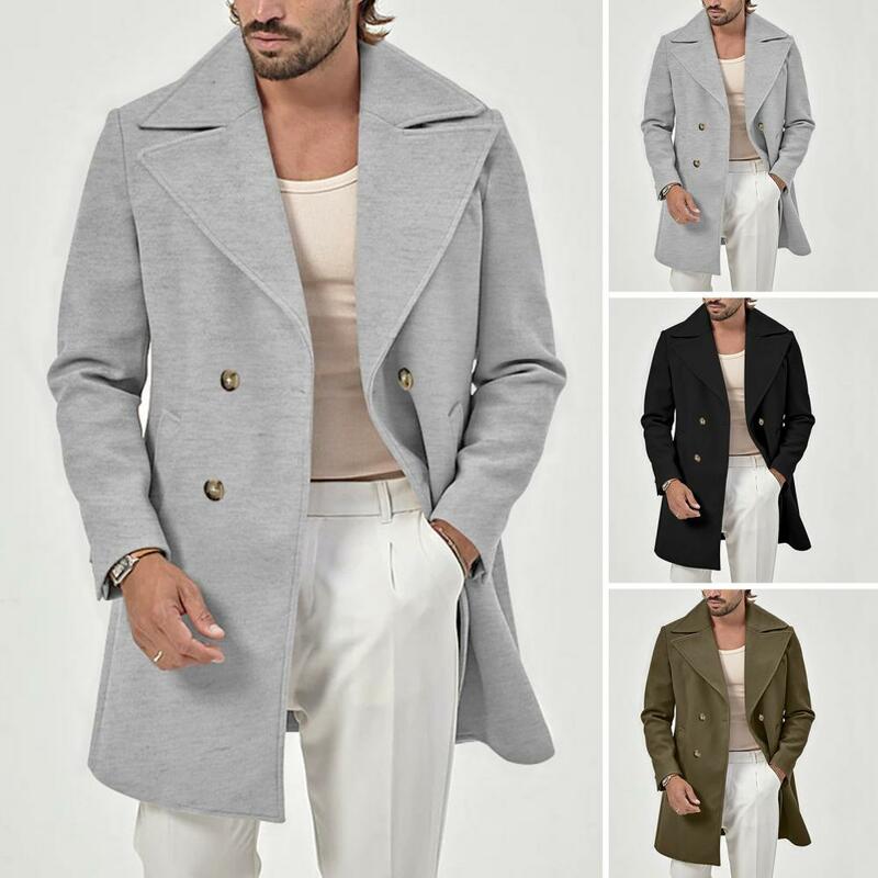 معطف رجالي مزدوج الصدر مع جيوب ، متوسط الطول ، معطف مقلب لأسفل ، سميك ، دافئ ، أنيق ، عصري ، شتوي