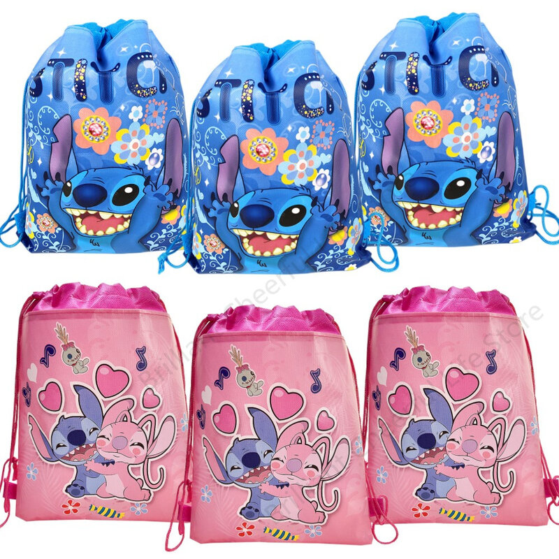 กระเป๋าเก็บของ Disney Lilo & Stitch 12/24/36ชิ้นกระเป๋าหูรูดผ้าถักลายเทวดาสีชมพูผ้าใยสังเคราะห์ตกแต่งงานปาร์ตี้วันเกิดสำหรับเด็กของขวัญคริสต์มาส