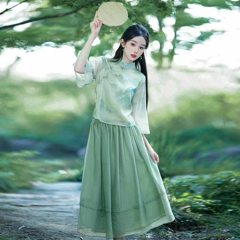 Neuer Retro-literarischer Halbrock-Tang-Anzug im chinesischen Stil, zweiteiliges Set mit verbessertem Zen-Tee-Anzug im chinesischen Stil, tägliches Damen-Set