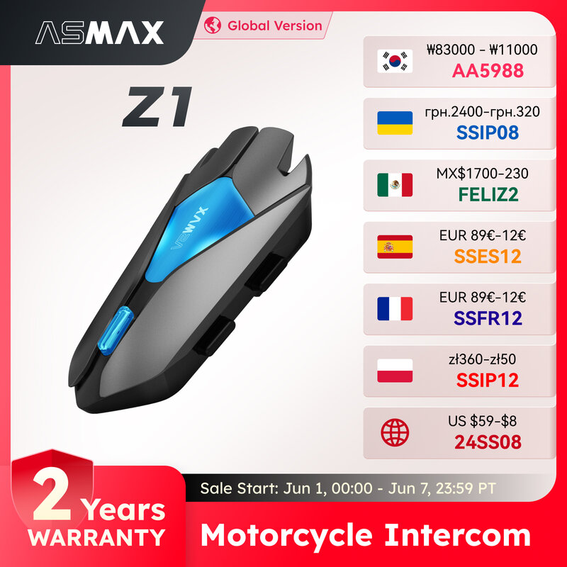 ASMAX Z1 إنتركوم ، خوذة اتصال بلوتوث لخوذة 10 دراجين ، نظام دراجة نارية IP67 مقاوم للماء