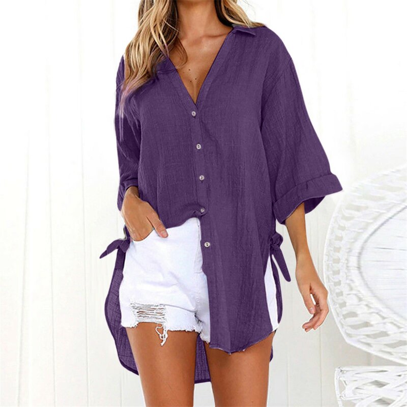 Camisa de lino y algodón para mujer, blusa holgada de manga larga de gran tamaño, elegante, a la moda, para oficina, verano, 2024