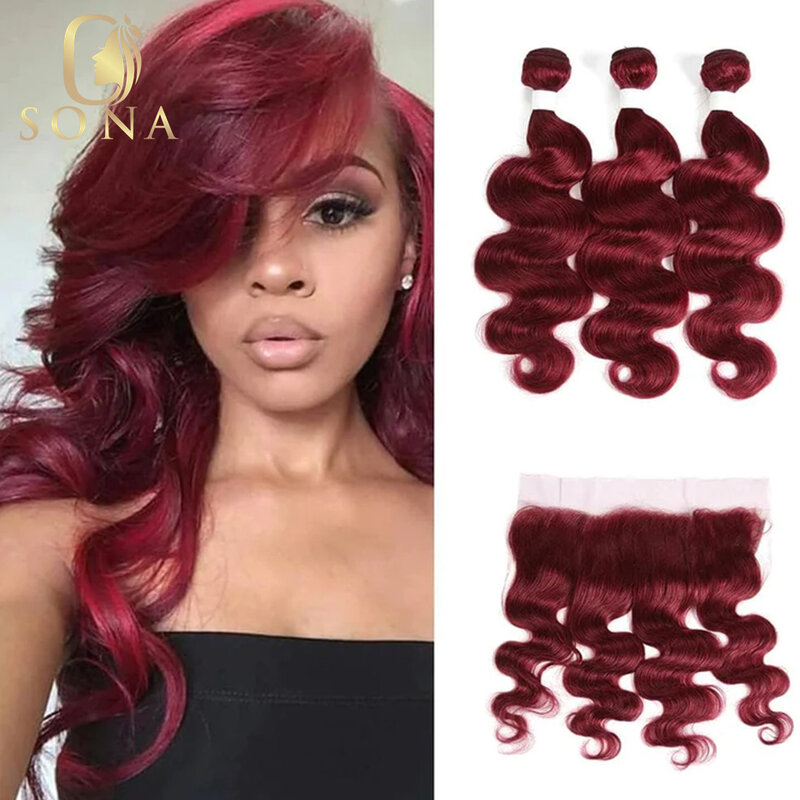 Bundel rambut manusia 99j warna merah dengan penutup 13x4 bundel jalinan rambut gelombang tubuh depan penawaran 3/4 buah ekstensi rambut