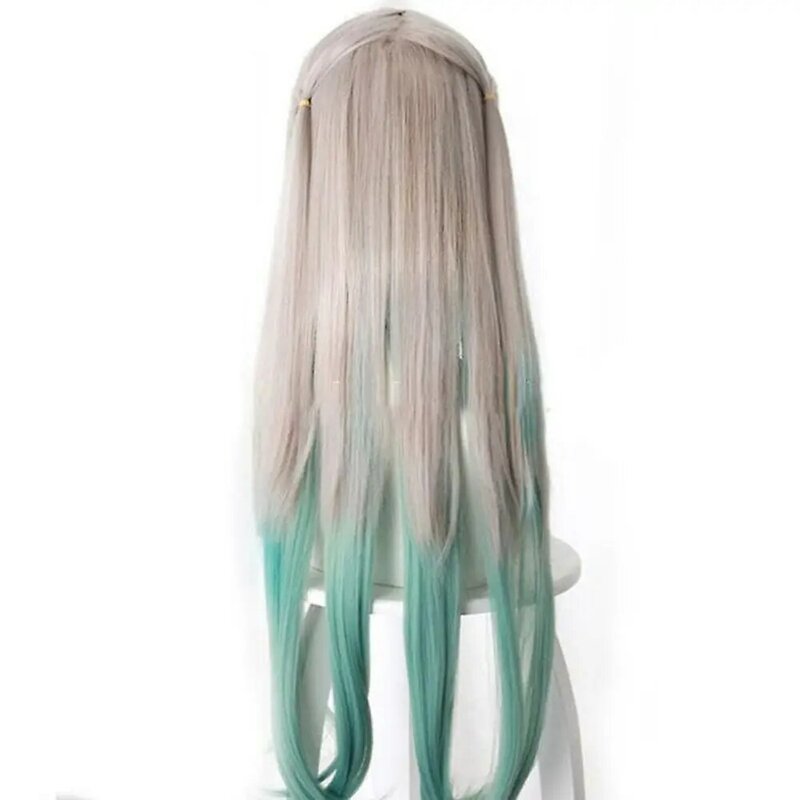 Girl with silver-gray gradient green long hair, cute bangs, anime Cosplay Headband Synthetic Wigs Pelucas Hair Daily Party Use