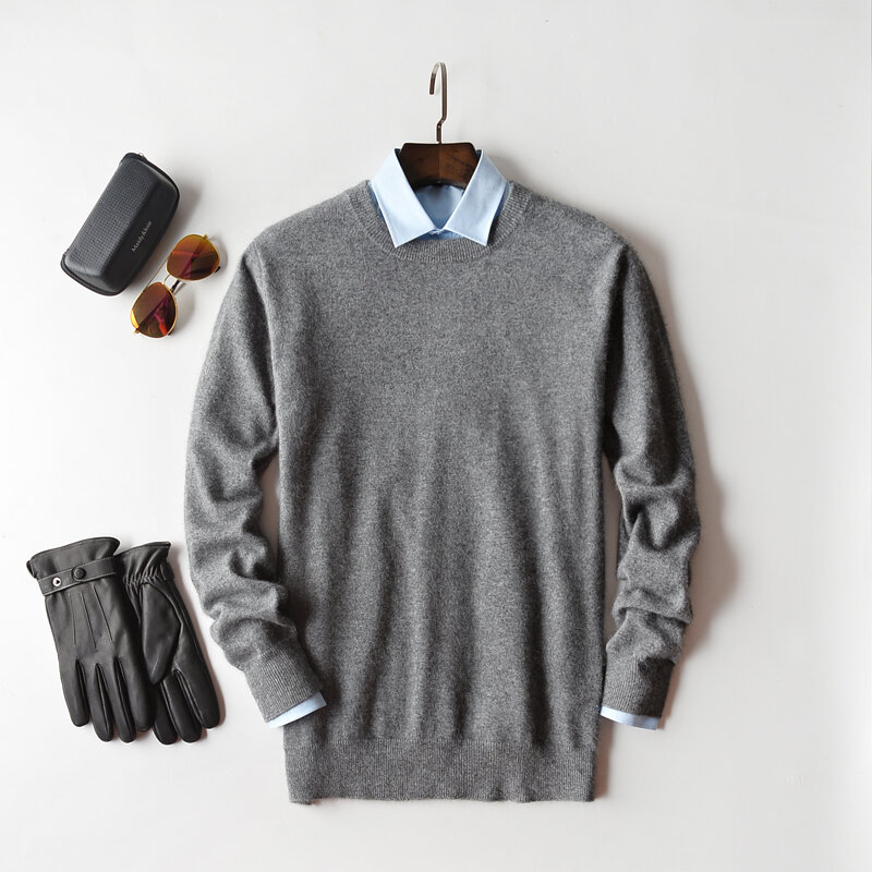 Suéter de algodón de Cachemira para hombre, jersey de punto con cuello redondo, bata de otoño e invierno, 2022