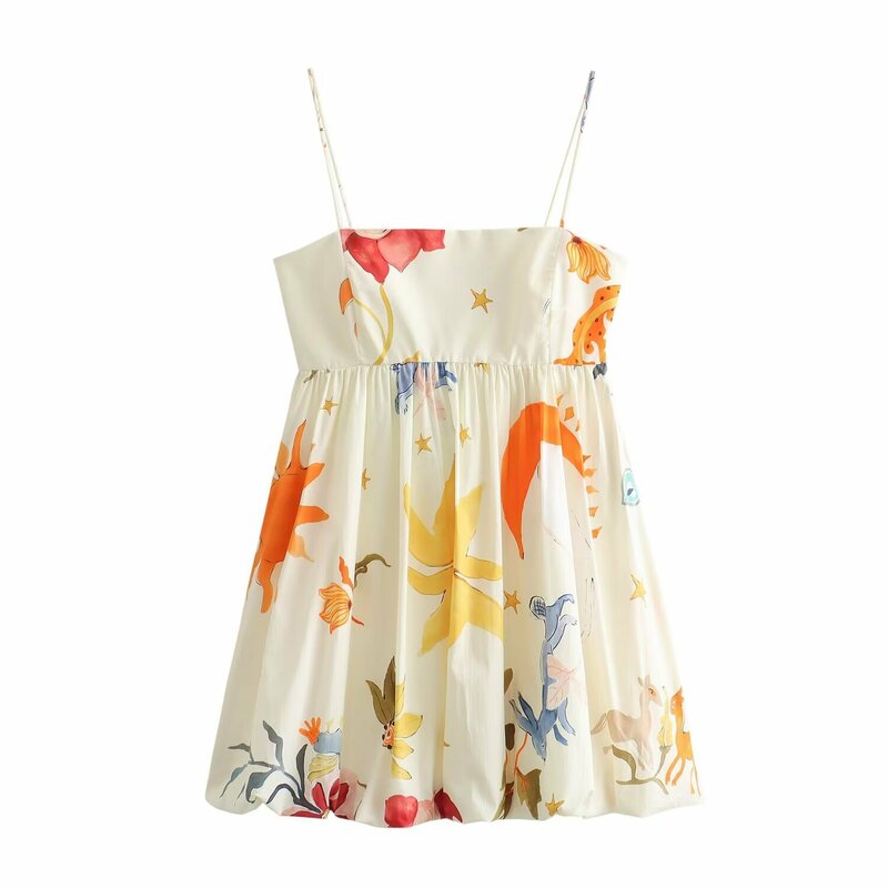 New Sweet Vacation Style Fine Sling Strap Open Back Printed Fluffy Skirt