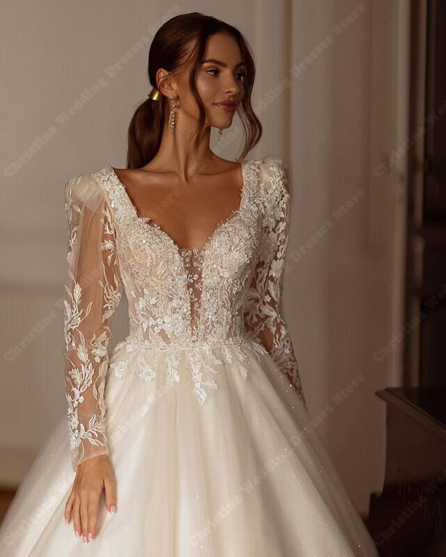 Full Sleeves Lace Applique Wedding Dresses Elegant A-line Bridal Gowns  Custom Made Classic Lace Up Small Train Vestido De Noiva