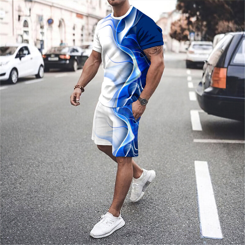 Splatanie linii 3D fajny modny męski garnitur z okrągłym dekoltem t-shirt spodenki krótkie rękawy-dwuczęściowe sportowe i modne męskie ubrania