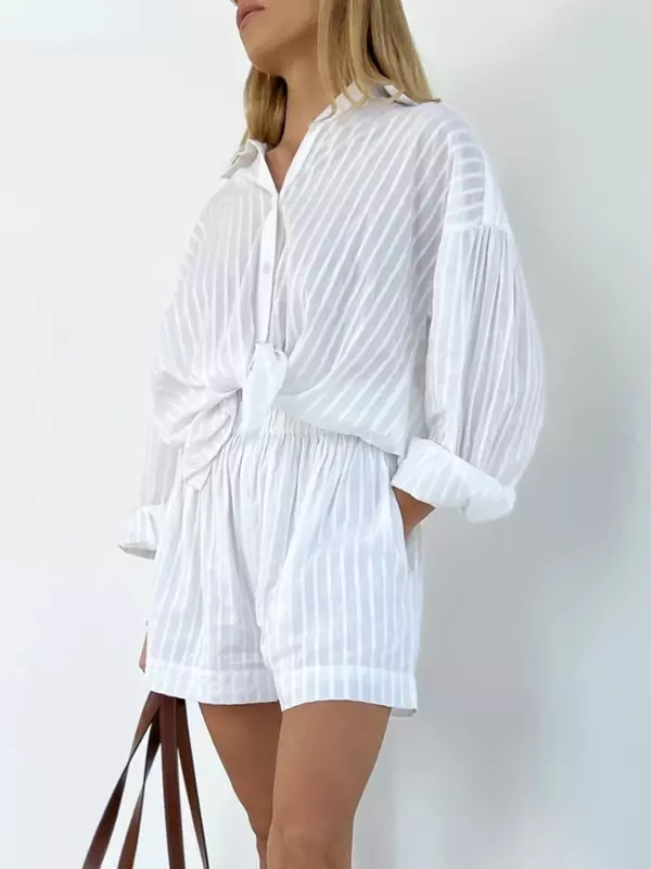 Sumuyoo-listrado jacquard camisa e shorts set, 2 peças, casual, com lapela, lanterna de manga, cintura elástica, roupa do verão