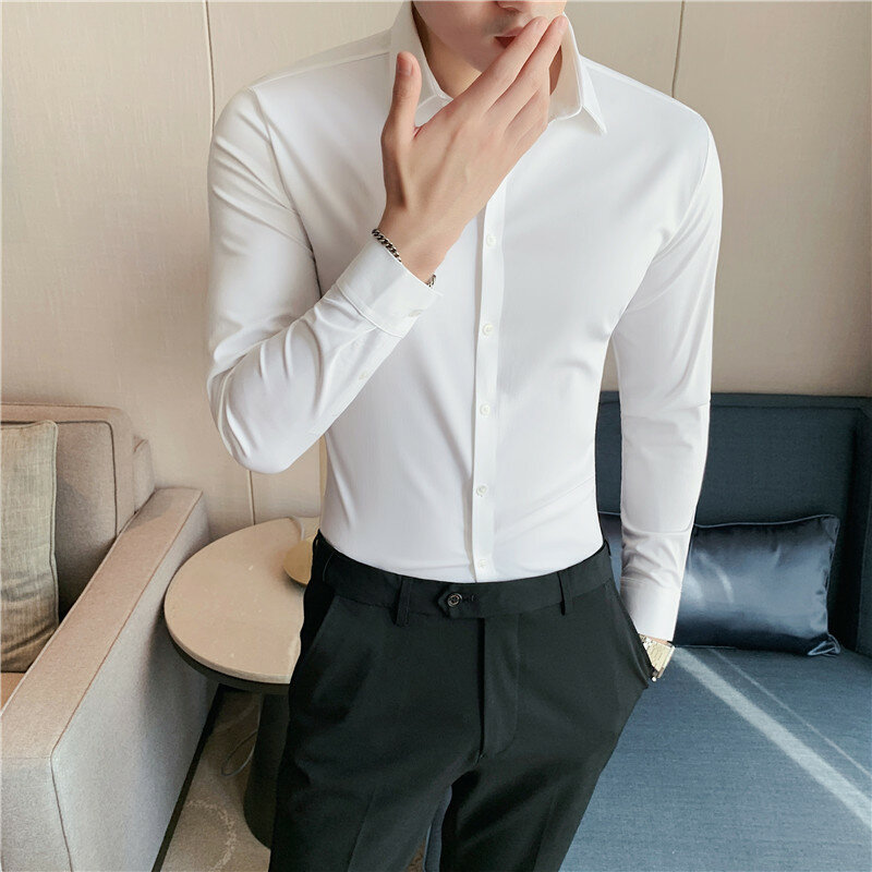 Kaus Polos Elastisitas Tinggi 4X L-m Ukuran Plus Kaus Mewah Kasual Ramping Kualitas Terbaik Lengan Panjang Pria Kemeja Gaun Formal Sosial