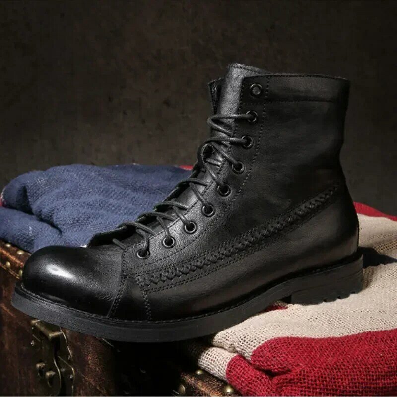 Retro Men Boots Handmade Toe Polish Men Ankle Boots Casual Leather High-top Shoes Platform Motorcycle Booties New Bota Masculina
