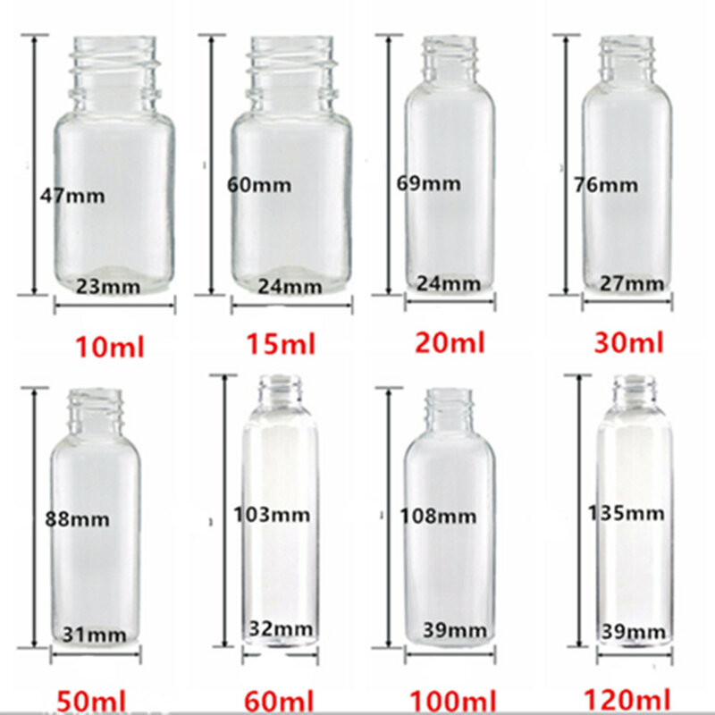 Botella vacía redonda de plástico pet transparente con tapa abatible, 1oz, 2oz, 30ml, 50ml, 60/100/120/150/200/250 ml