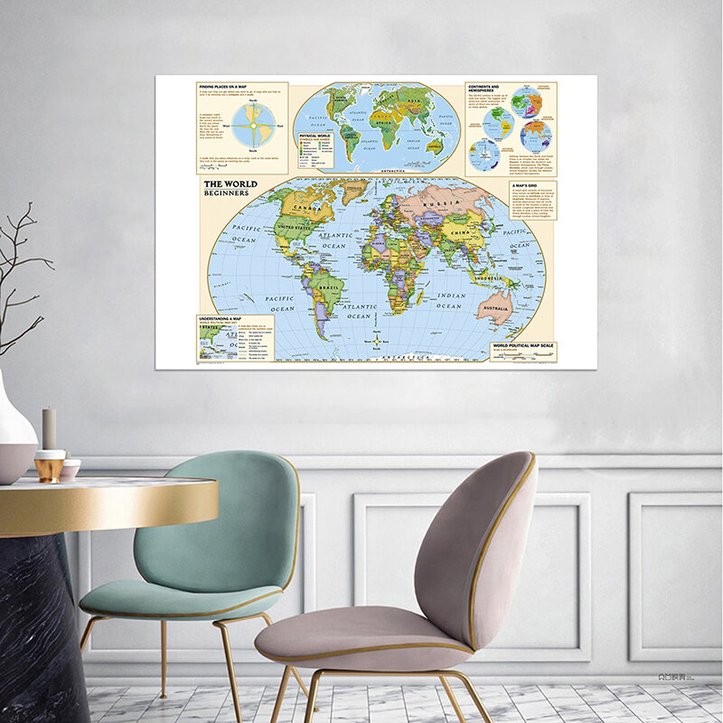 Mapa físico do mundo dobrável não tecido, etiqueta detalhada sem bandeira do país para o novato, 150x225cm