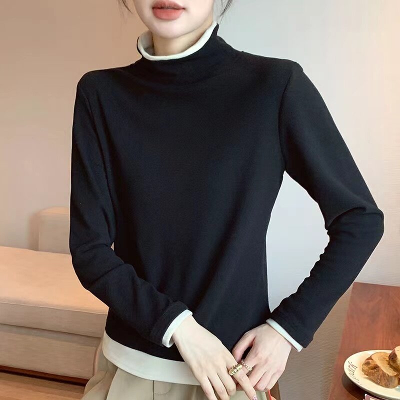 2024 New Autumn Winter Patchwork Fake Two Pieces Women Pullovers Turtleneck Long Sleeve Vlevet Thermal Tops Bottoming Shirts