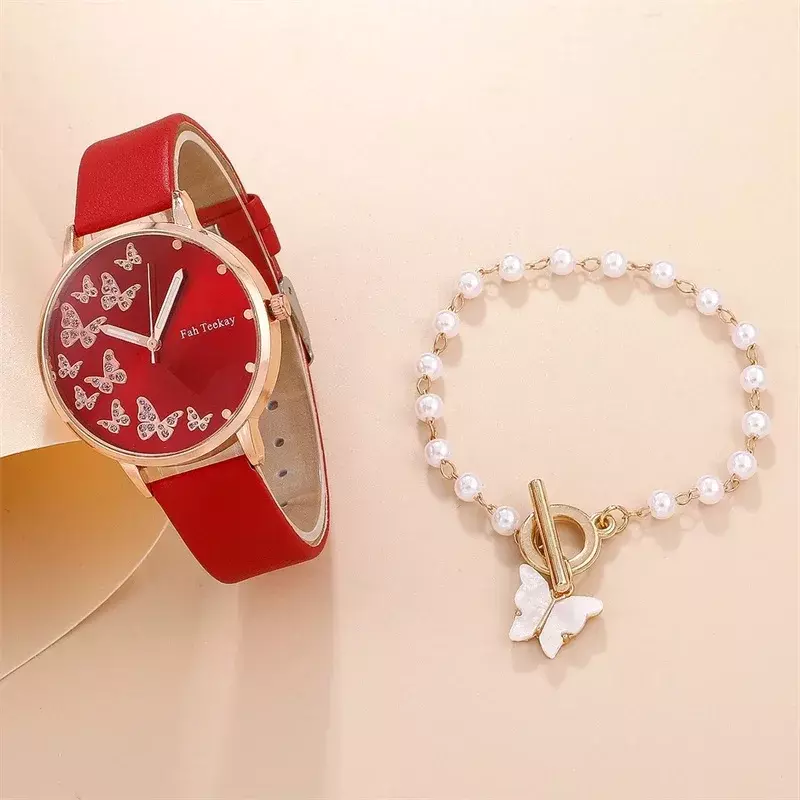 2pcs Set Womens Butterfly Watches Ladies Fashion Watch New Simple Casual Women Leather Belt Wristwatches Bracelet Gift (NO BOX)
