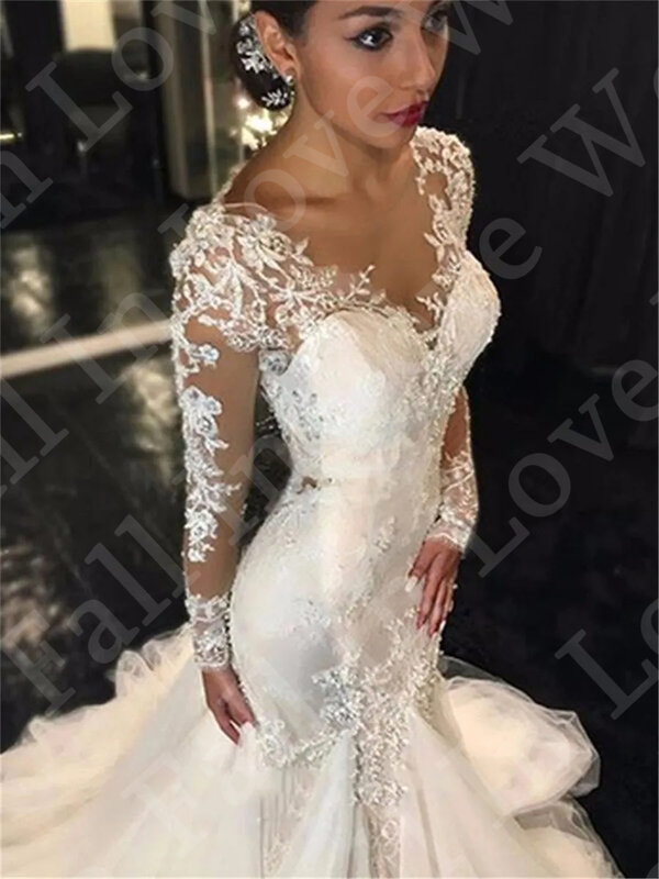Облегающее свадебное платье с юбкой-годе, иллюзионное кружевное платье с круглым вырезом и длинными рукавами, со шлейфом, фатиновое платье с пуговицами на спине, модель 2024, свадебное платье