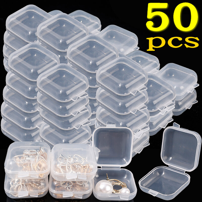 Kotak penyimpanan plastik bening Mini persegi 3.5cm dengan kotak tutup berengsel untuk anting cincin manik-manik perhiasan kecil kancing DIY