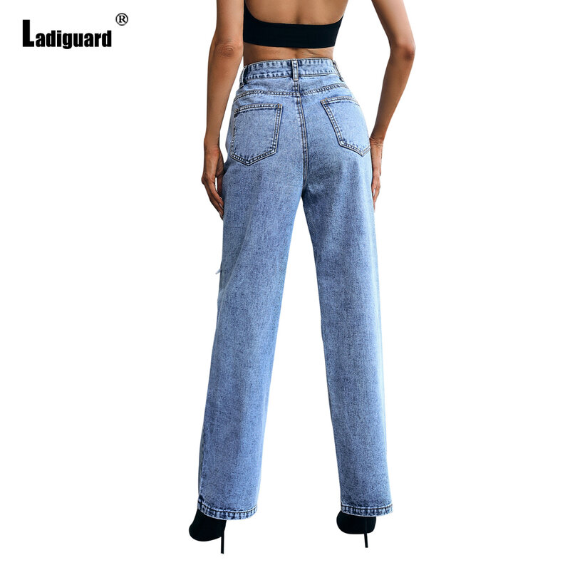 Sexy Hole Ripped Denim Pants Women's Stand Pocket Jeans Straight Leg Trouser High Cut Vintage Jeans Pants Vaqueros Mujer 2023