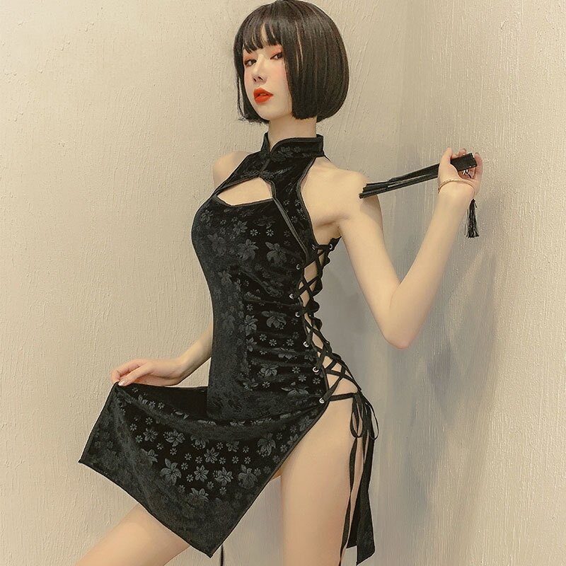 Plus Size Chinese Traditional Dress Sexy Lingerie Bandage Temptation Clothing China Style Side Slit Hollow Cheongsam Qipao