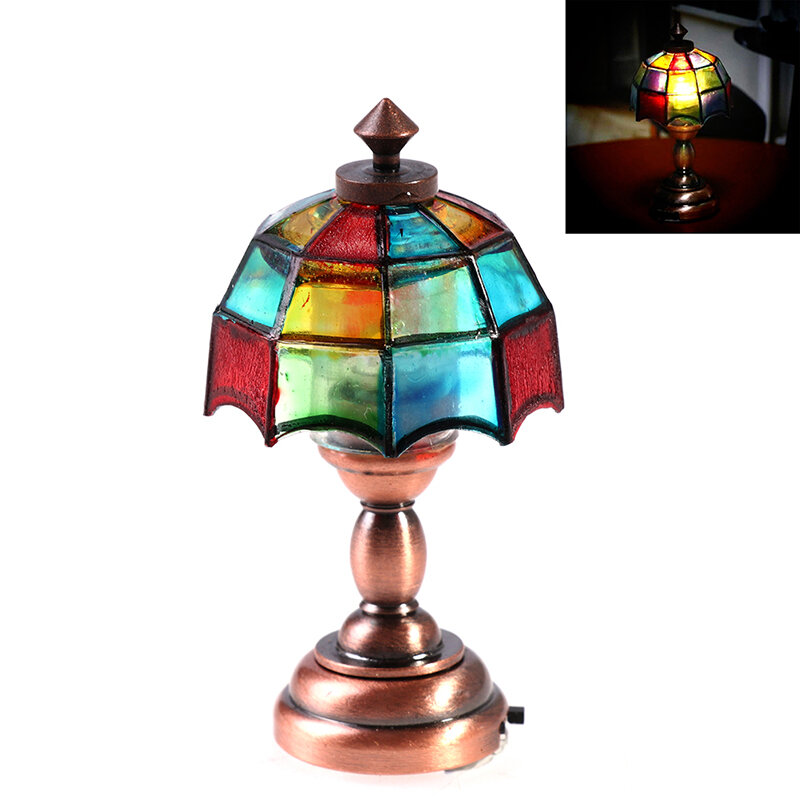 1:12 Poppenhuis Mini Bureaulamp Led Lamp Gekleurde Schaduw Leeslamp Poppenhuis Miniatuur Vintage Slaapkamer Meubels Decor Speelgoed