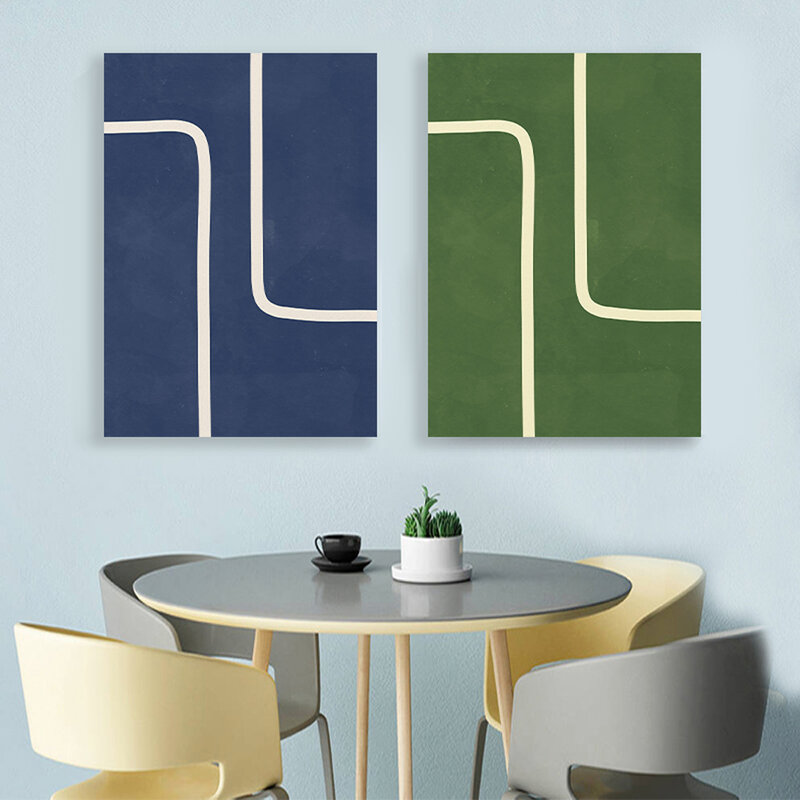 Linea minimalista blu Navy Set 2 di Poster di stampa, astratto, medievale moderno verde Wall Art Canvas Home Living Room Decor Painting