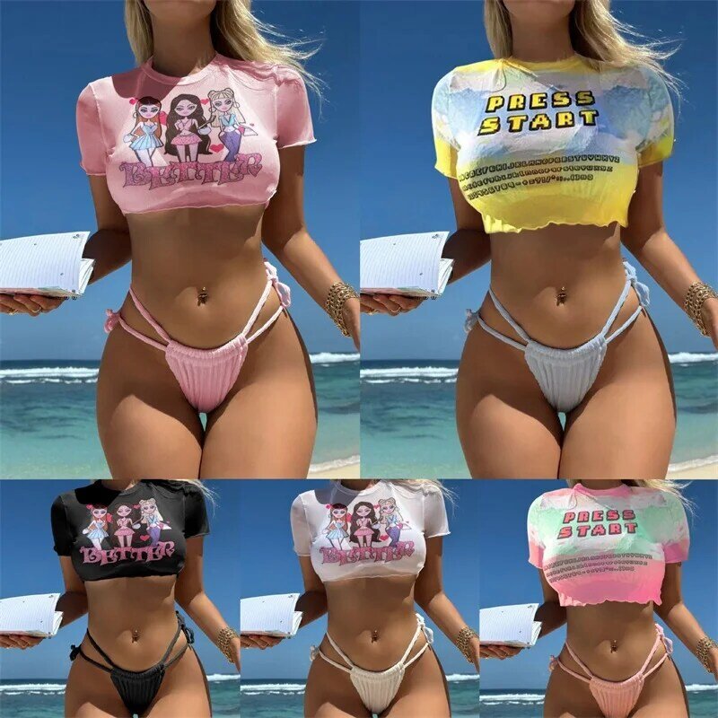 Bikini de 3 piezas para mujer, traje de baño, Top, ropa interior, Camiseta corta, fiesta de verano, vacaciones en la playa, ropa de calle Sexy para chica, batas de moda