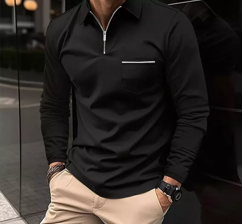 Polo T-shirts for Men Fashion Versatile Casual Solid Color Zip Pocket Long Sleeved Sports Loose Fitting Shirt Autumn New 2023