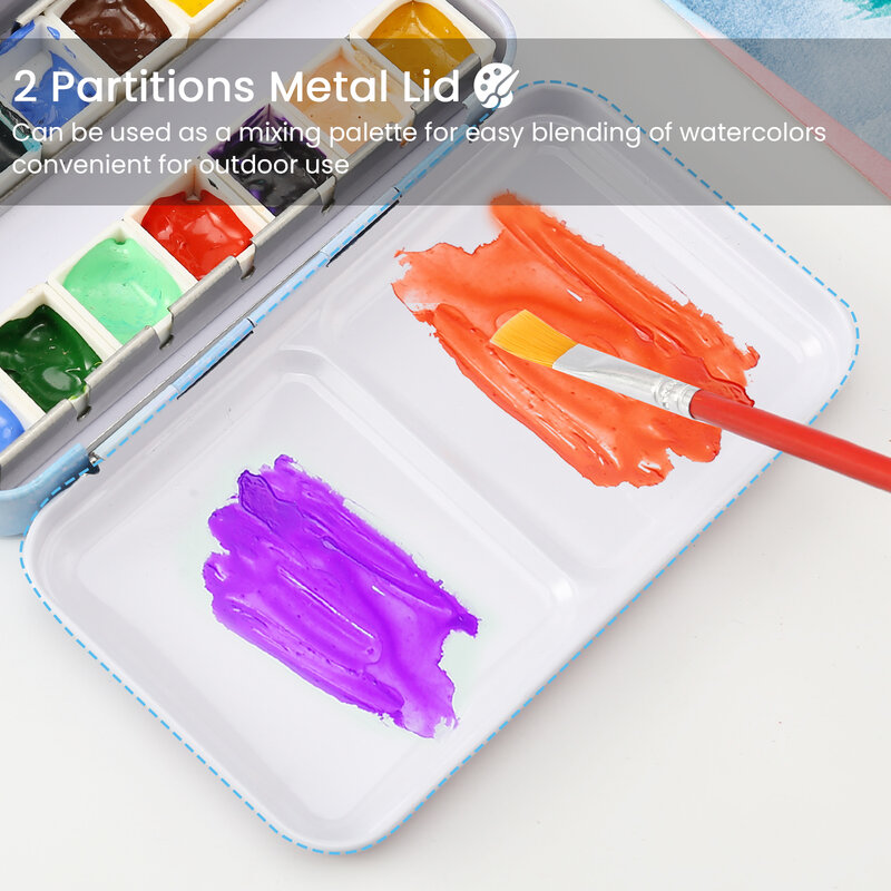 Watercolor Palette Empty w/Removable Paint Tray & 14 Watercolor Half Pans - Sturdy Empty Watercolor Palette Tin
