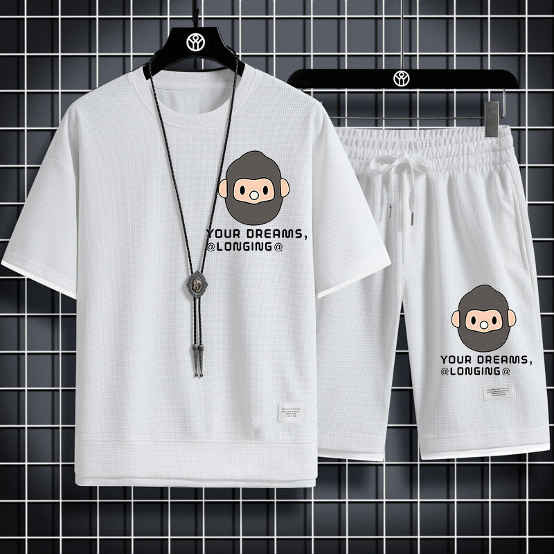 T-shirt et short College de dessins animés pour hommes, survêtement monochrome, costume d'été décontracté, 2024