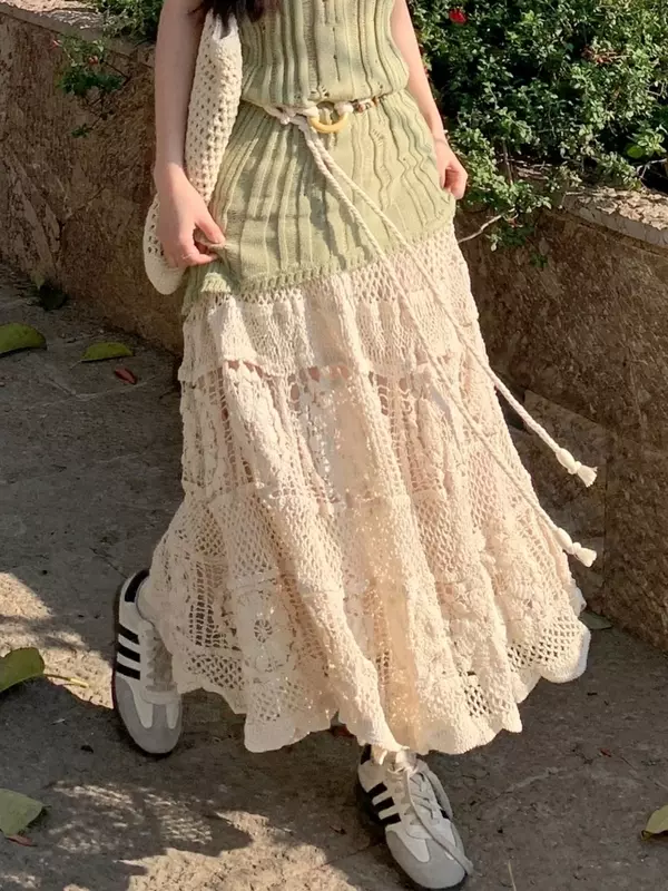 Falda de punto de longitud media para mujer, faldas plisadas florales de ganchillo, de cintura alta, estilo gótico Lolita, primavera y verano, 2024