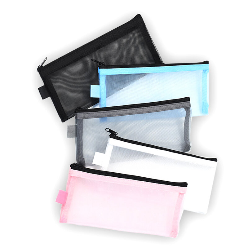 1Pc Transparent Mesh Makeup Bag Pen Bag Portable Office Student Pencil Cases Cosmetic Storage Bag Travel Luggage Accessories