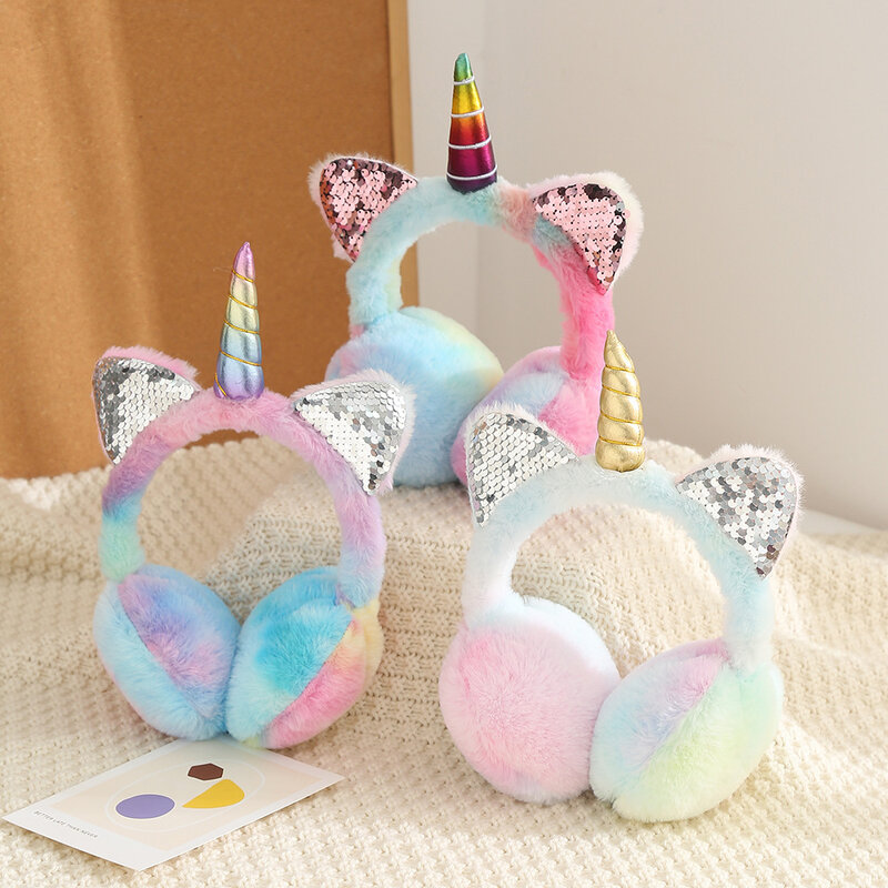 Lovely Unicorn Ears Winter Plush Earmuffs for Adult Kids Soft Fur Fluffy Thicken Warm Cold Protection Headband Foldable Earflap