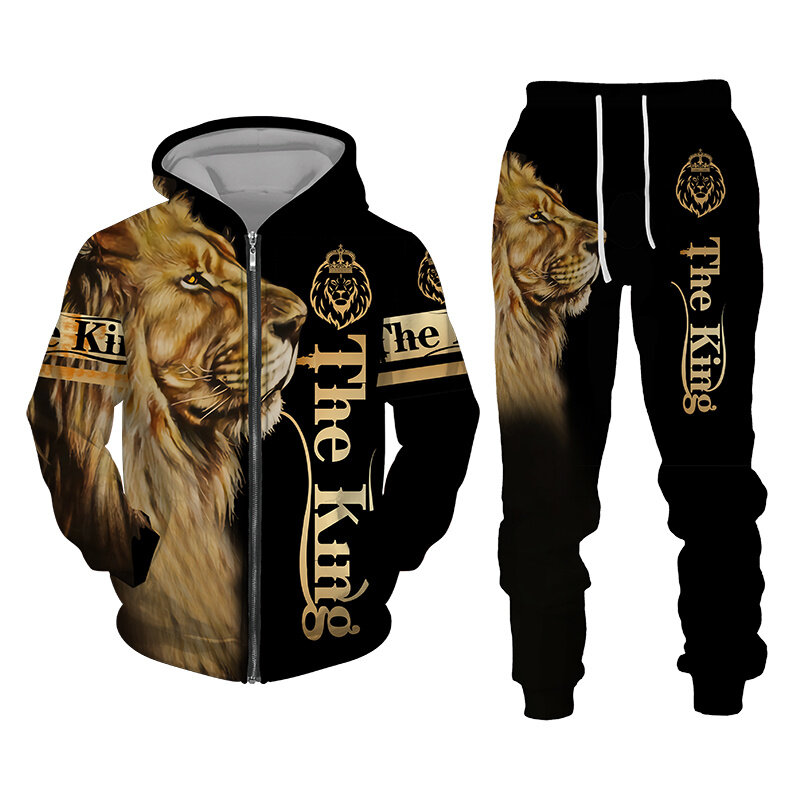 Outono e inverno treino masculino 3d o leão impressão com zíper hoodies moletom calças define casual roupas masculinas treino feminino