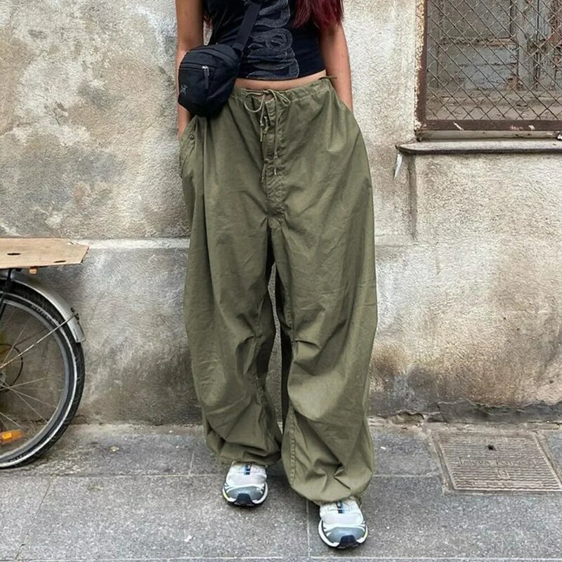 Calças femininas de perna larga de cintura baixa com bolsos grandes e cordão, moda streetwear, novo, £, 2024