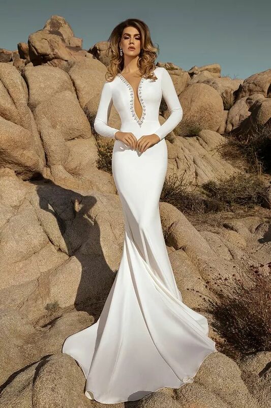 SoDigne Mermaid Beach ชุดแต่งงาน2022แขนยาวลูกปัด Boho Gowns เจ้าสาวภาพลวงตากลับชุดแต่งงาน Plus ขนาด