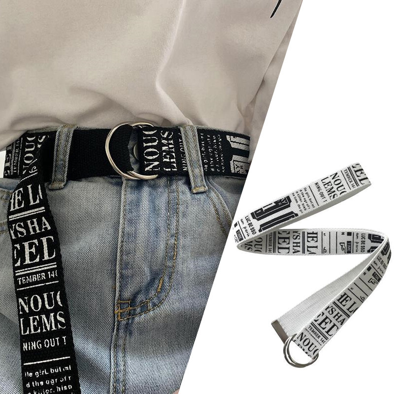 حزام خصر قماشي مطبوع عليه حروف بإبزيم مزدوج للنساء والرجال ، جينز بسيط وعصري ، ديكور حزام