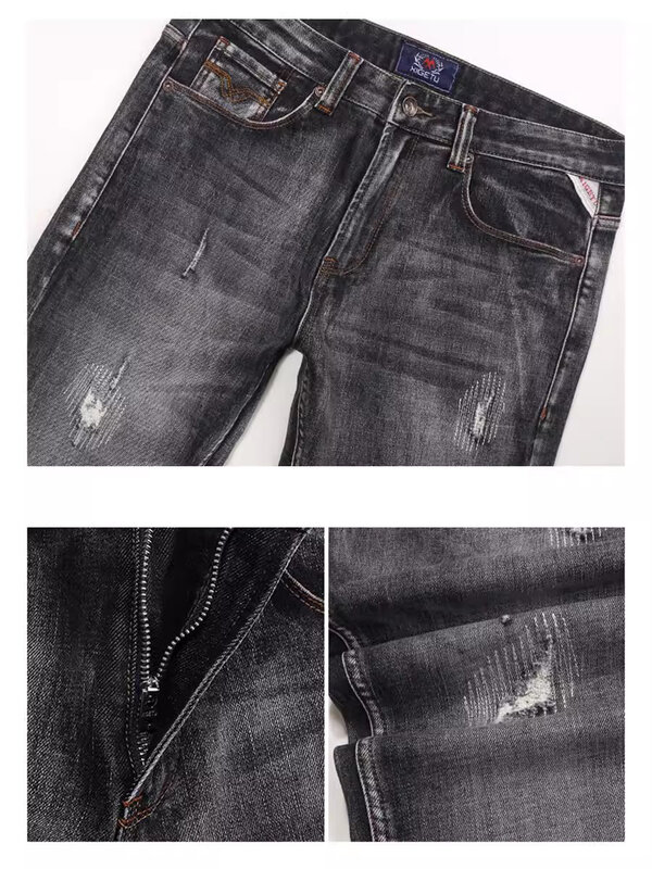 Jeans rasgados com elástico slim fit masculino, calças jeans vintage, streetwear retrô, de alta qualidade, preto, cinza