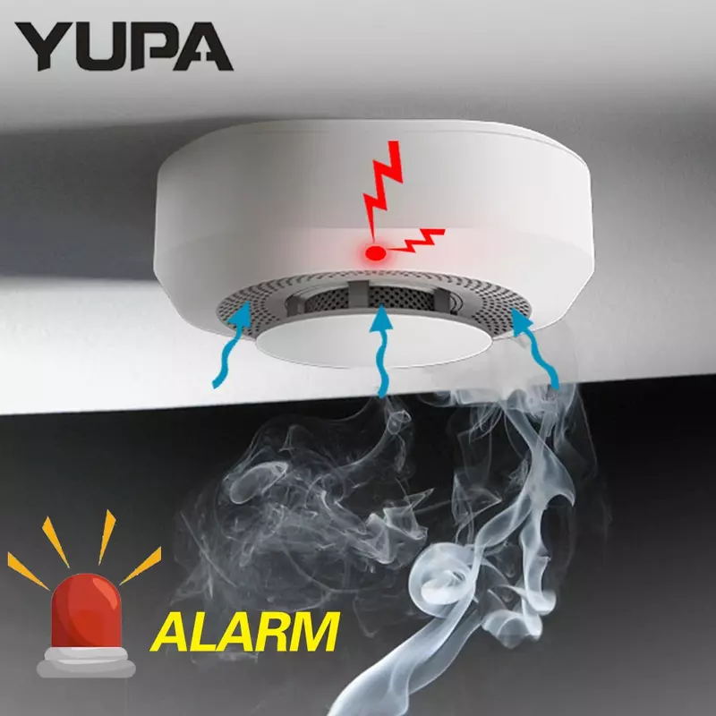 YUPA Niezależny czujnik dymu System alarmowy przeciwpożarowy do domowego biura Bezpieczeństwo Czujnik dymu Ochrona przeciwpożarowa Zasilany z baterii