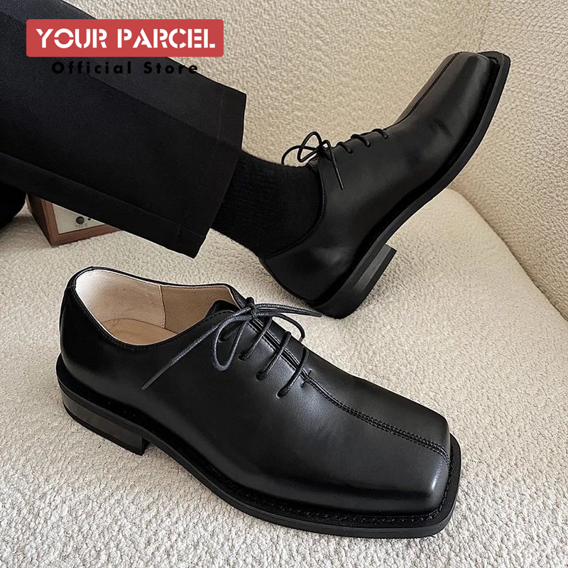 Flat square toe leather shoes for men's trend Korean version British style can be paired with a suit retro Derby shoes