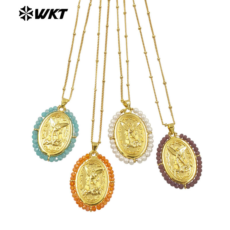 WT-MN990 여성용 진짜 금 도금 타원형 크리스탈 와이어 포장 가디언 천사 목걸이, 기독교 패션, 18K