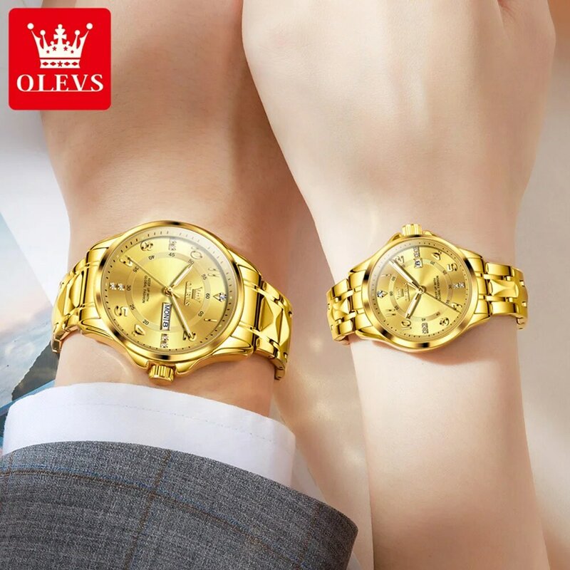 OLEVS 2910 Number Scale Quartz Couple Watches Stainless Steel Original Luxury Watch For Men Women Date Waterproof Wristwatch