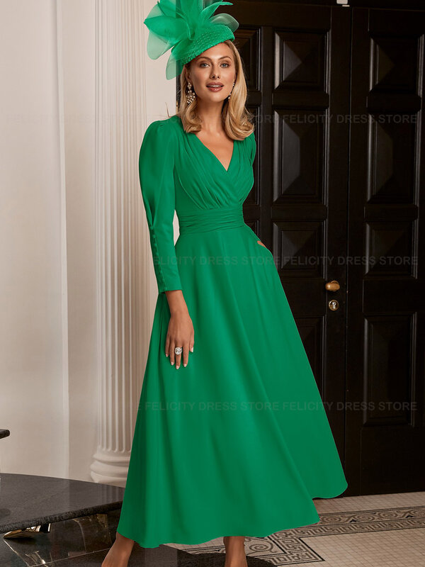 Simple Mother of the Bride Dresses 2023 A-line V-neck Ankle-Length Pleated Formal Wedding Guest Dresses Robes Invitée Mariage