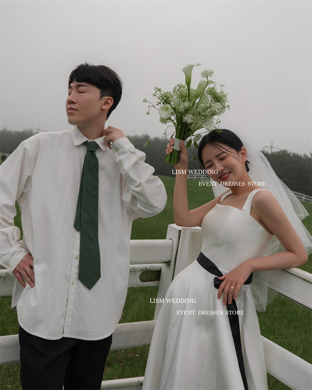 LISM Simple Satin Korea A-Line Wedding Dresses Photo Shoot Wide Straps Black Bow Bridal Gowns Corset Back Plus Size Custom Made