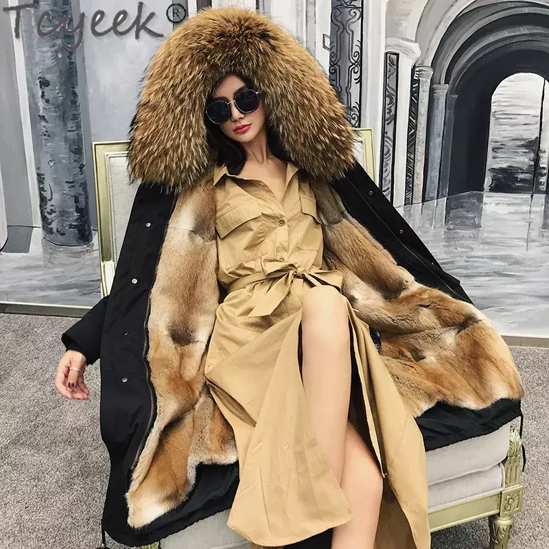 Tcyeek-Parka verdadeira com capuz feminino, jaqueta de inverno, roupas elegantes, vison fur liner, quente, gola de guaxinim, moda feminina